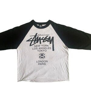 Stussy Worldwide Tour Baseball Tee Black and White - Size Small